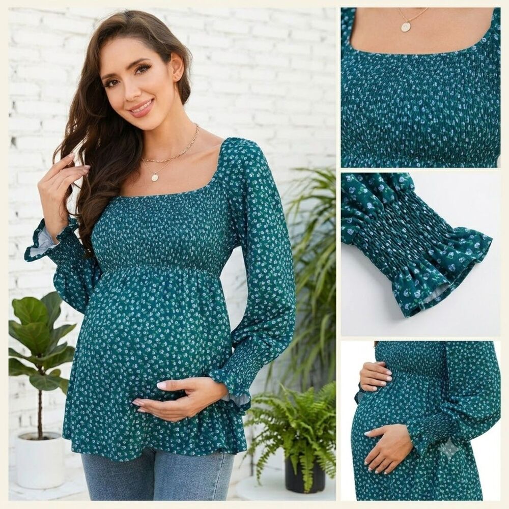 NIP Coolmee Maternity XXL Green Floral Smocked Square Neck Babydoll Top